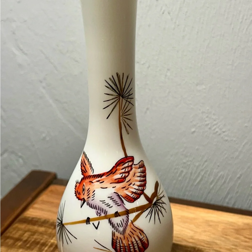 White Ceramic Bud Vase with Gold Trim and Orange Bird Motif